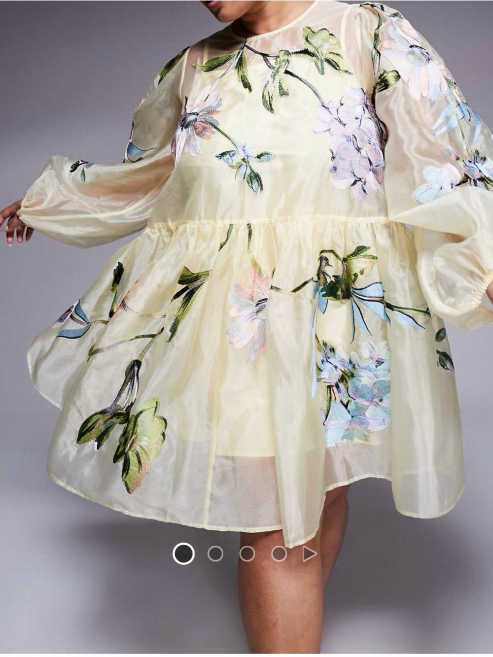 Sheer Floral Organza Mini Dress in Pale Yellow embroidered flowers.